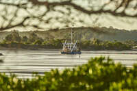 Floating platform on calm river 