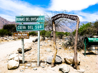 sign pointing to rock painting Cafayate, Jujuy and Salta Provinces, Argentina, South America