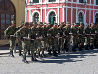 bolivian soliders marching Uyuni, Potosi, Potosi Department, Bolivia, South America