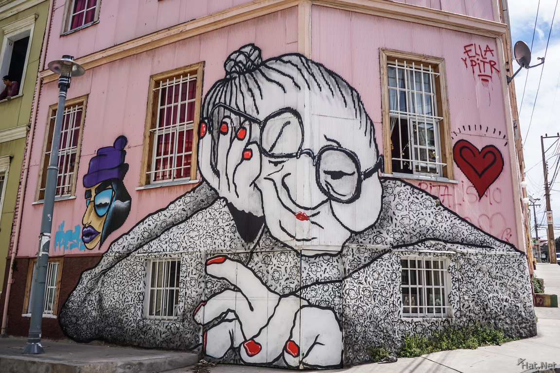 Valparaiso Street Art Old Lady and Heart